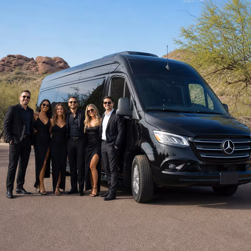 Group beside a Mercedes Sprinter limo from the Goodyear fleet