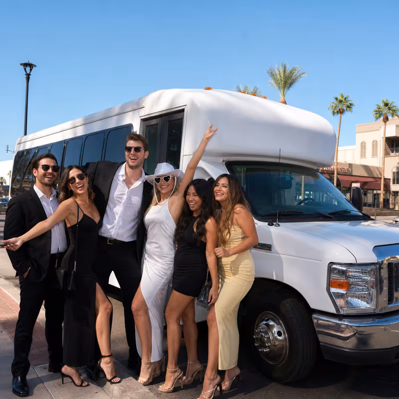 Black Mercedes Sprinter van staged for an Goodyear Bachelor & Bachelorette Transportation group