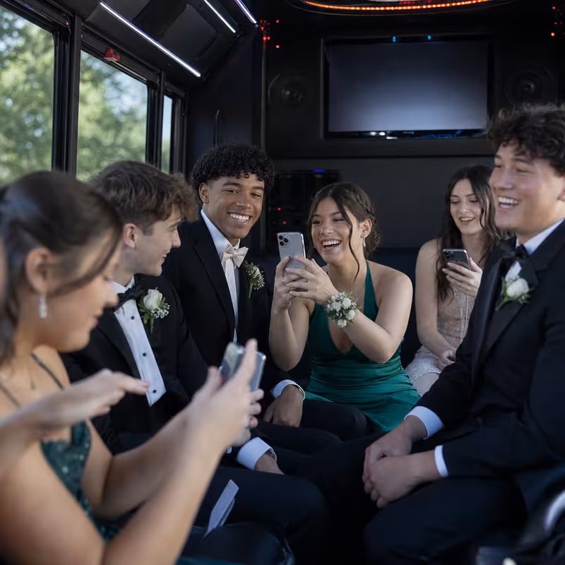Black Mercedes Sprinter van staged for an Goodyear Prom & Homecoming Transportation group